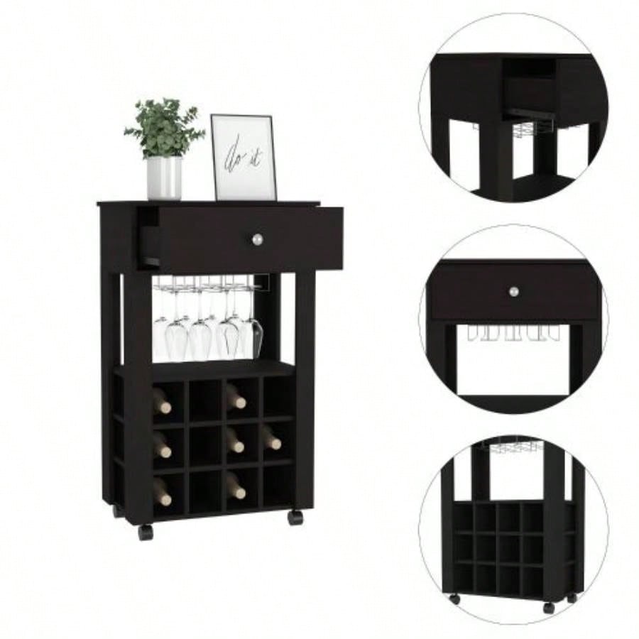 Bar Cart, Twelve Built - in Wine Rack, Four, One Open Shelf - Black
