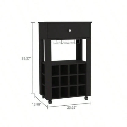 Bar Cart, Twelve Built - in Wine Rack, Four, One Open Shelf - Black
