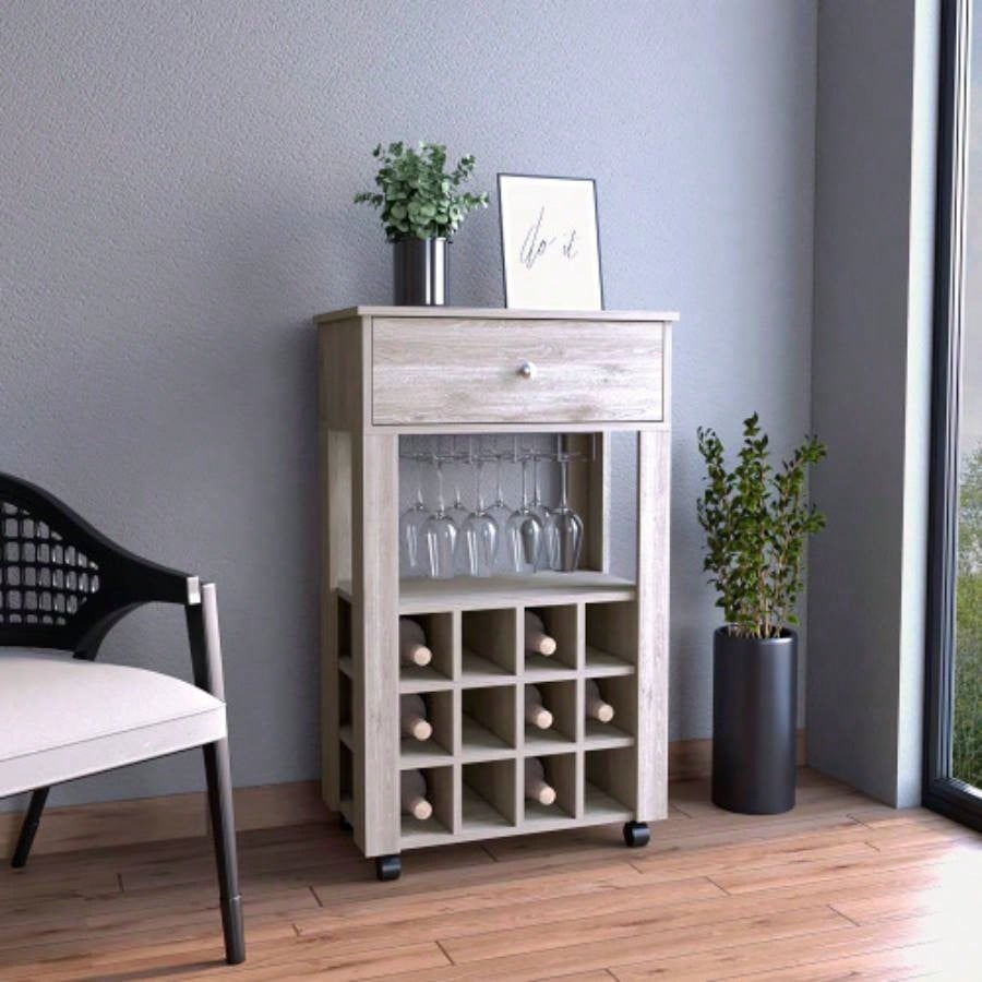 Bar Cart, Twelve Built - in Wine Rack, Four, One Open Shelf - Light Gray