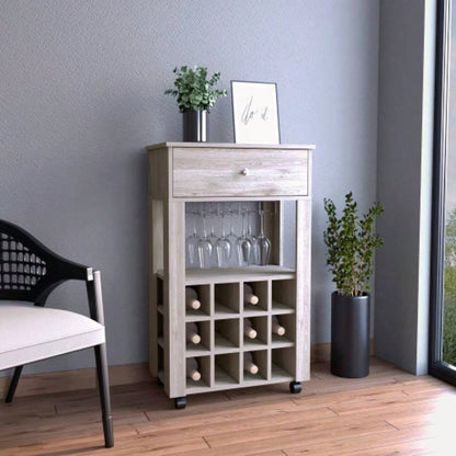 Bar Cart, Twelve Built - in Wine Rack, Four, One Open Shelf - Light Gray