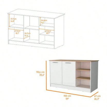 White and Ash 2 - Door Kitchen Island with 3 Open Shelves