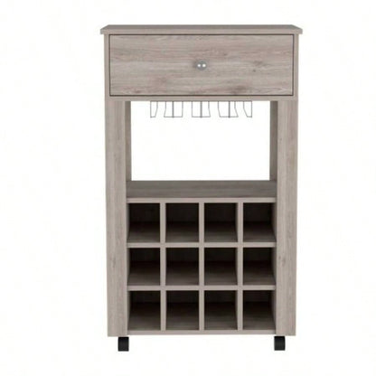Bar Cart, Twelve Built - in Wine Rack, Four, One Open Shelf - Light Gray