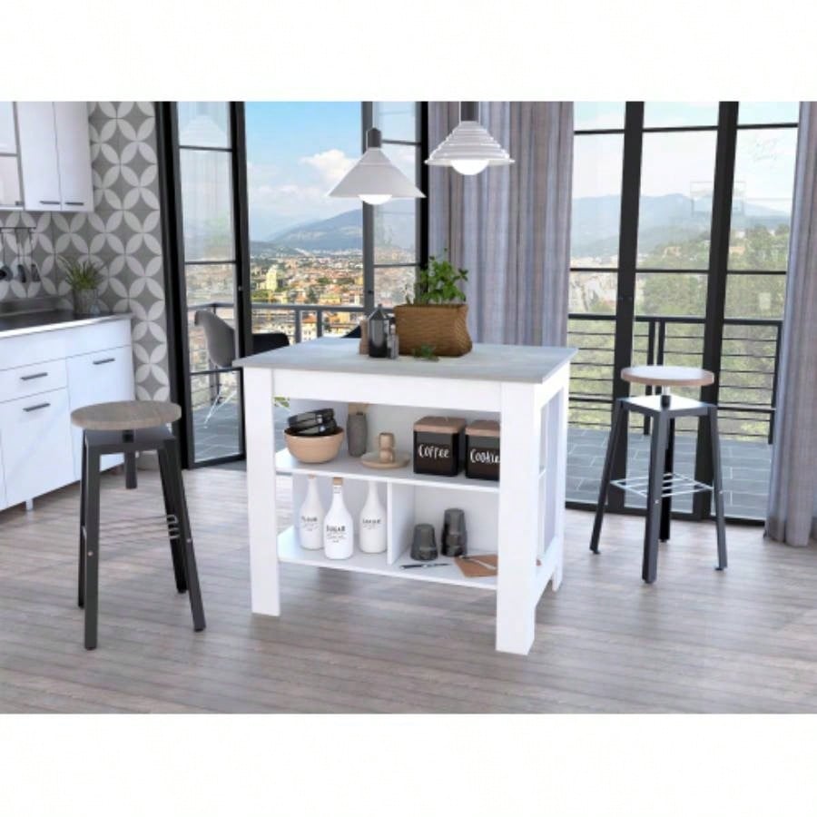 Rockaway 3 - Shelf Kitchen Island White and Ibiza Marble