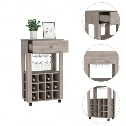 Bar Cart, Twelve Built - in Wine Rack, Four, One Open Shelf - Light Gray