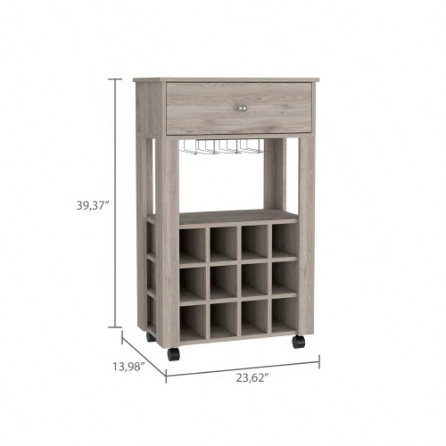 Bar Cart, Twelve Built - in Wine Rack, Four, One Open Shelf - Light Gray