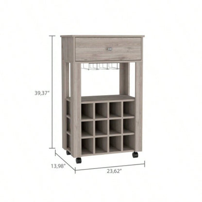 Bar Cart, Twelve Built - in Wine Rack, Four, One Open Shelf - Light Gray