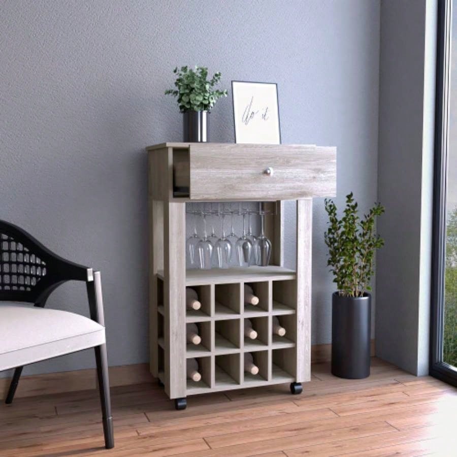 Bar Cart, Twelve Built - in Wine Rack, Four, One Open Shelf - Light Gray