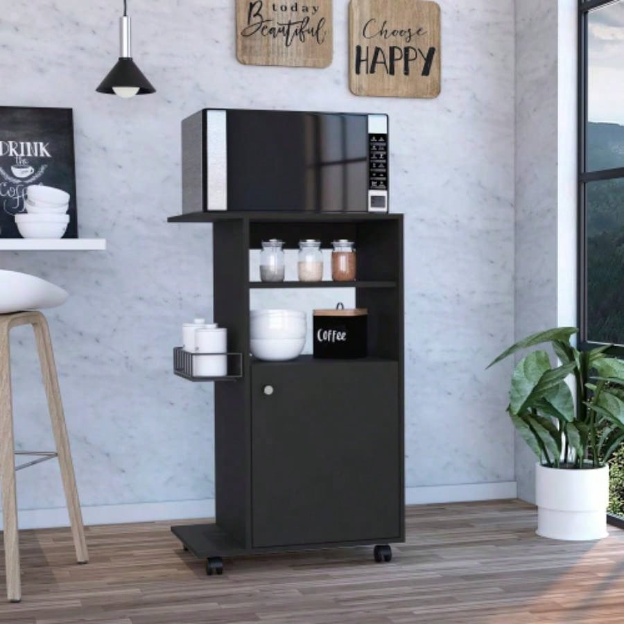 Kitchen Cart Kryot, Single Door Cabinet, Four Casters, Black Wengue