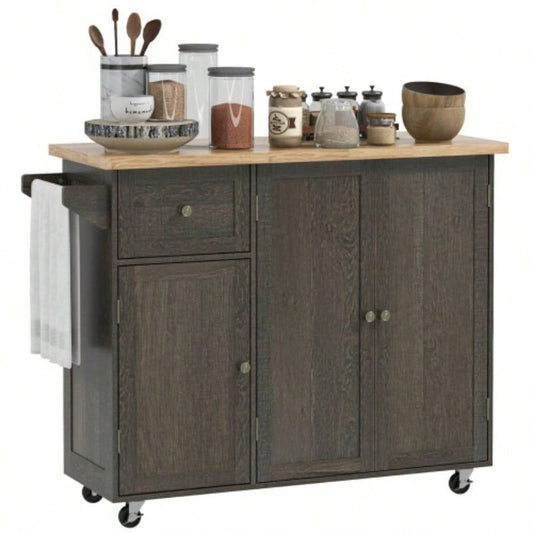 HOMCOM Triple - Cabinet Rolling Kitchen Island on Wheels, Kitchen Cart with Storage Shelf Adjustment, Rolling Utility Cart with Wood Top, Towel Rack, Big Drawer, Distressed Brown
