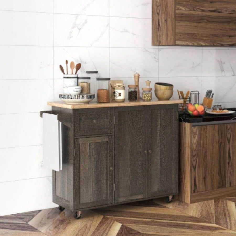 HOMCOM Triple - Cabinet Rolling Kitchen Island on Wheels, Kitchen Cart with Storage Shelf Adjustment, Rolling Utility Cart with Wood Top, Towel Rack, Big Drawer, Distressed Brown