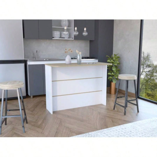 Kitchen Island with Two - Tier Storage Shelf and Ample Workstation, White/ Light Pine