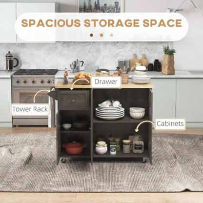 HOMCOM Triple - Cabinet Rolling Kitchen Island on Wheels, Kitchen Cart with Storage Shelf Adjustment, Rolling Utility Cart with Wood Top, Towel Rack, Big Drawer, Distressed Brown