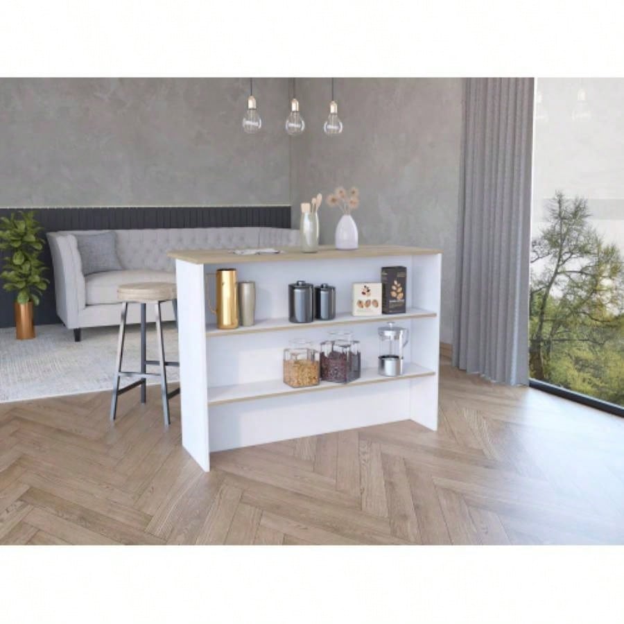 Kitchen Island with Two - Tier Storage Shelf and Ample Workstation, White/ Light Pine