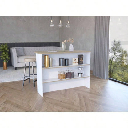 Kitchen Island with Two - Tier Storage Shelf and Ample Workstation, White/ Light Pine