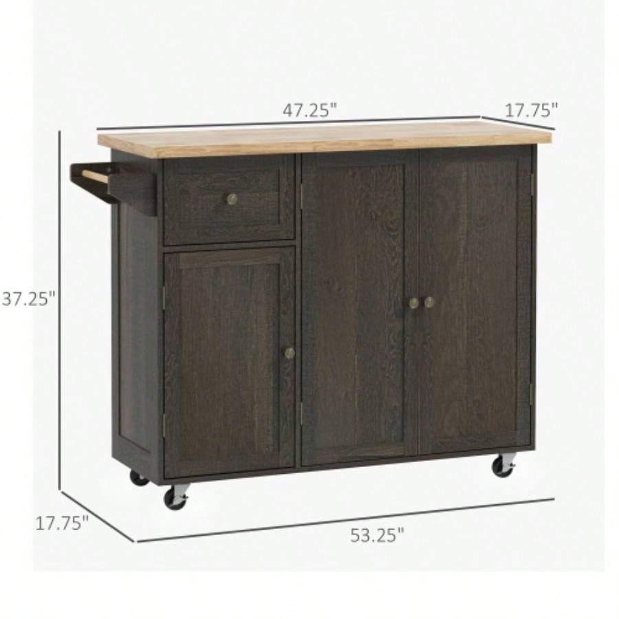 HOMCOM Triple - Cabinet Rolling Kitchen Island on Wheels, Kitchen Cart with Storage Shelf Adjustment, Rolling Utility Cart with Wood Top, Towel Rack, Big Drawer, Distressed Brown