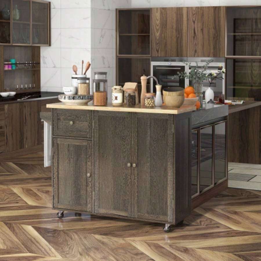 HOMCOM Triple - Cabinet Rolling Kitchen Island on Wheels, Kitchen Cart with Storage Shelf Adjustment, Rolling Utility Cart with Wood Top, Towel Rack, Big Drawer, Distressed Brown