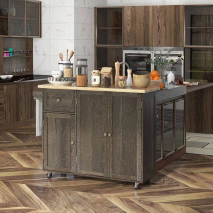 HOMCOM Triple - Cabinet Rolling Kitchen Island on Wheels, Kitchen Cart with Storage Shelf Adjustment, Rolling Utility Cart with Wood Top, Towel Rack, Big Drawer, Distressed Brown