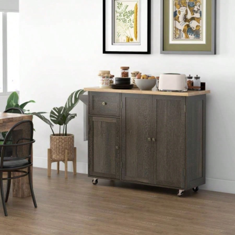 HOMCOM Triple - Cabinet Rolling Kitchen Island on Wheels, Kitchen Cart with Storage Shelf Adjustment, Rolling Utility Cart with Wood Top, Towel Rack, Big Drawer, Distressed Brown