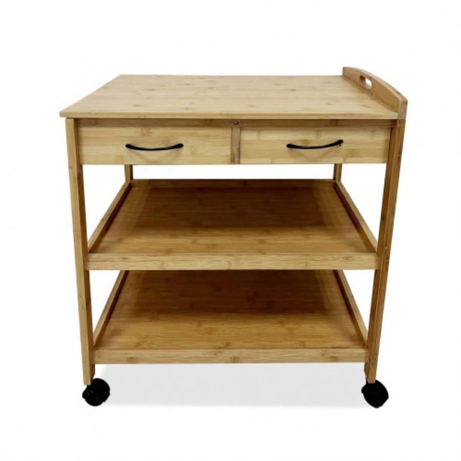 Modern Contemporary Trolley With Two Open Shelves And Storage Drawers, Natural