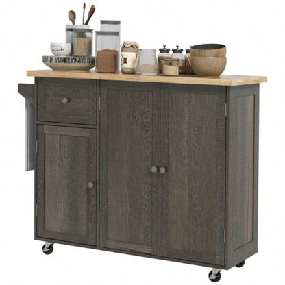 HOMCOM Triple - Cabinet Rolling Kitchen Island on Wheels, Kitchen Cart with Storage Shelf Adjustment, Rolling Utility Cart with Wood Top, Towel Rack, Big Drawer, Distressed Brown