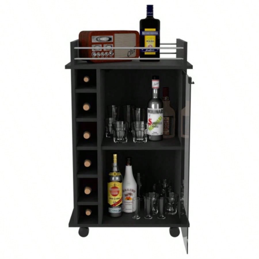 Bar Cart Baltimore, Two Tier Cabinet With Glass Door, Six Wine Cubbies, Black Wengue