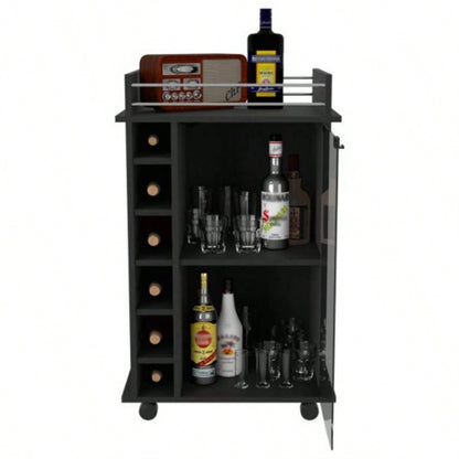 Bar Cart Baltimore, Two Tier Cabinet With Glass Door, Six Wine Cubbies, Black Wengue
