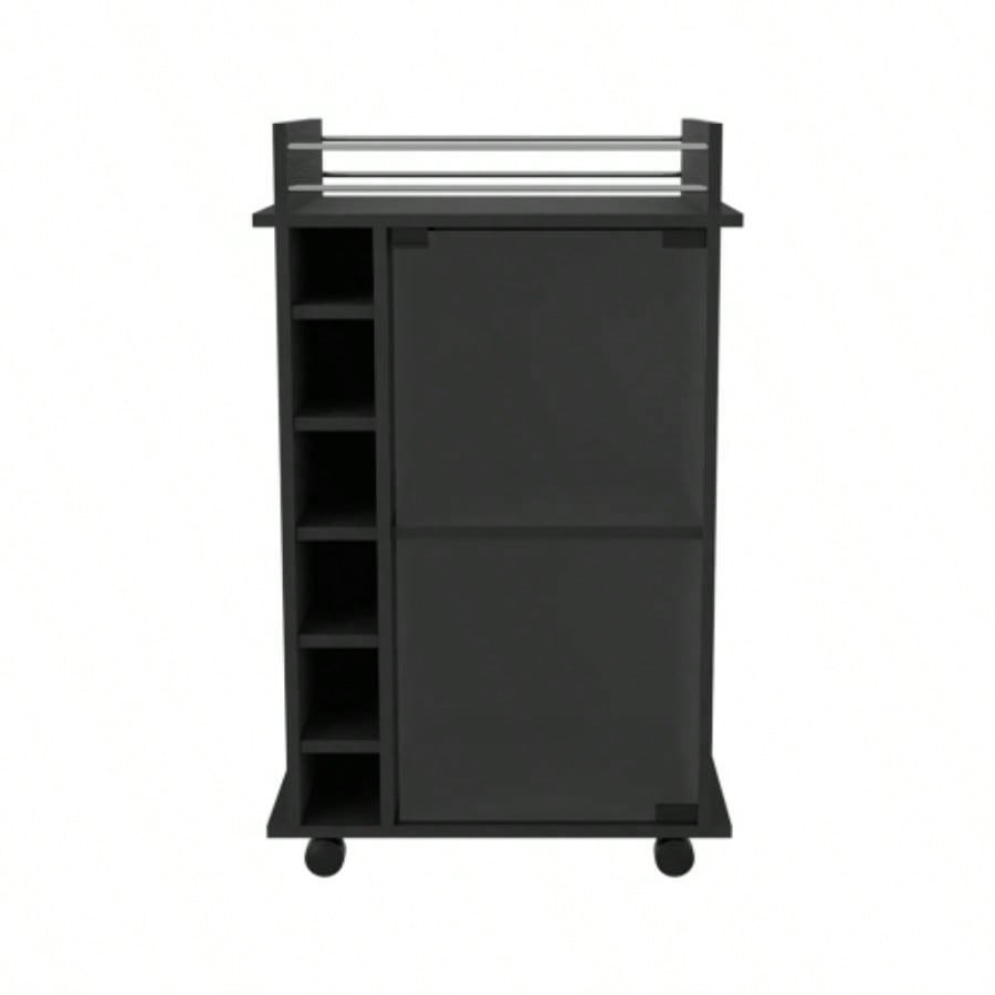 Bar Cart Baltimore, Two Tier Cabinet With Glass Door, Six Wine Cubbies, Black Wengue