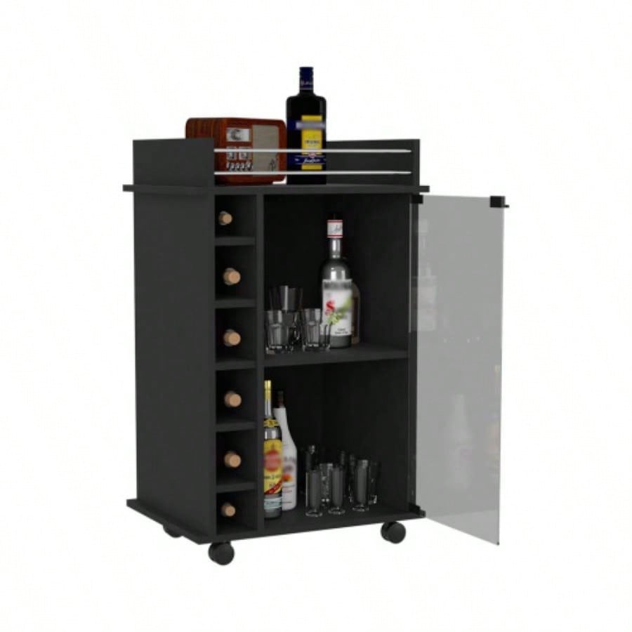 Bar Cart Baltimore, Two Tier Cabinet With Glass Door, Six Wine Cubbies, Black Wengue
