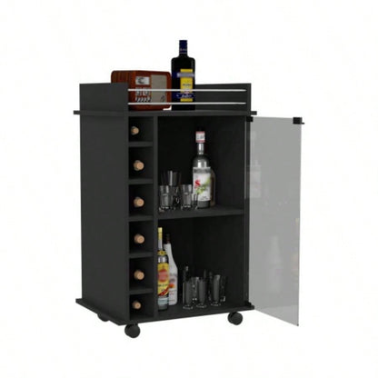 Bar Cart Baltimore, Two Tier Cabinet With Glass Door, Six Wine Cubbies, Black Wengue