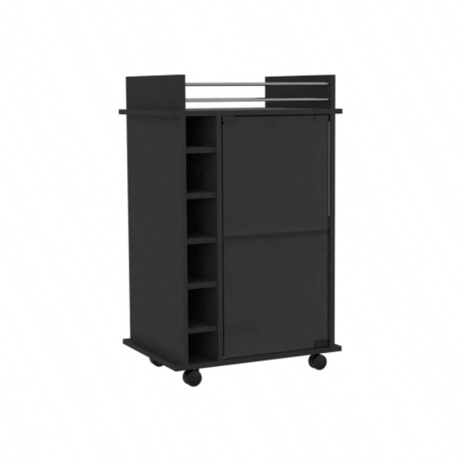 Bar Cart Baltimore, Two Tier Cabinet With Glass Door, Six Wine Cubbies, Black Wengue