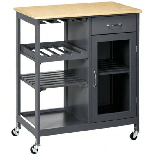 HOMCOM Rolling Kitchen Island with Storage, Kitchen Cart with 4 - bottle Wine Rack, Bar Cart with Stemware Holder, Shelves, Drawer and Cabinet, Gray