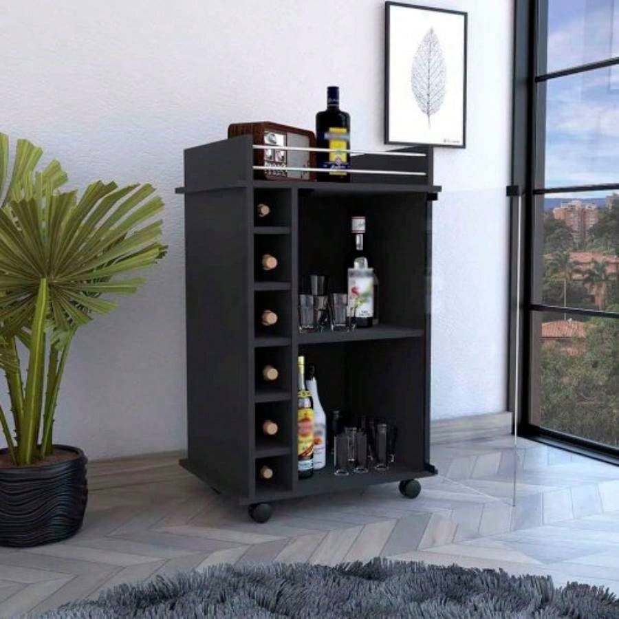 Bar Cart Baltimore, Two Tier Cabinet With Glass Door, Six Wine Cubbies, Black Wengue