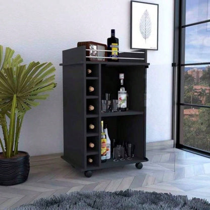 Bar Cart Baltimore, Two Tier Cabinet With Glass Door, Six Wine Cubbies, Black Wengue