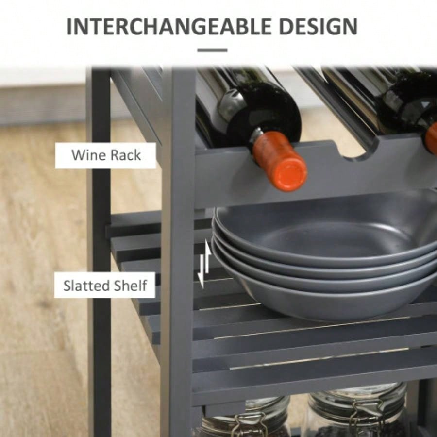 HOMCOM Rolling Kitchen Island with Storage, Kitchen Cart with 4 - bottle Wine Rack, Bar Cart with Stemware Holder, Shelves, Drawer and Cabinet, Gray