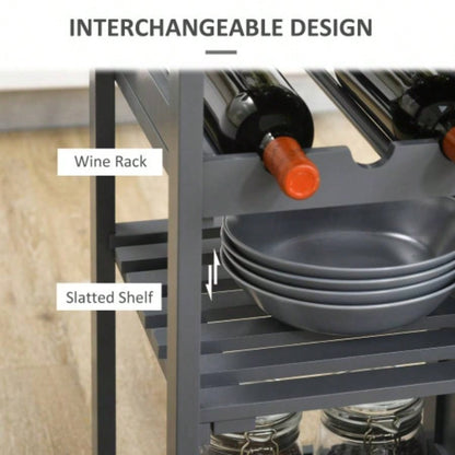 HOMCOM Rolling Kitchen Island with Storage, Kitchen Cart with 4 - bottle Wine Rack, Bar Cart with Stemware Holder, Shelves, Drawer and Cabinet, Gray