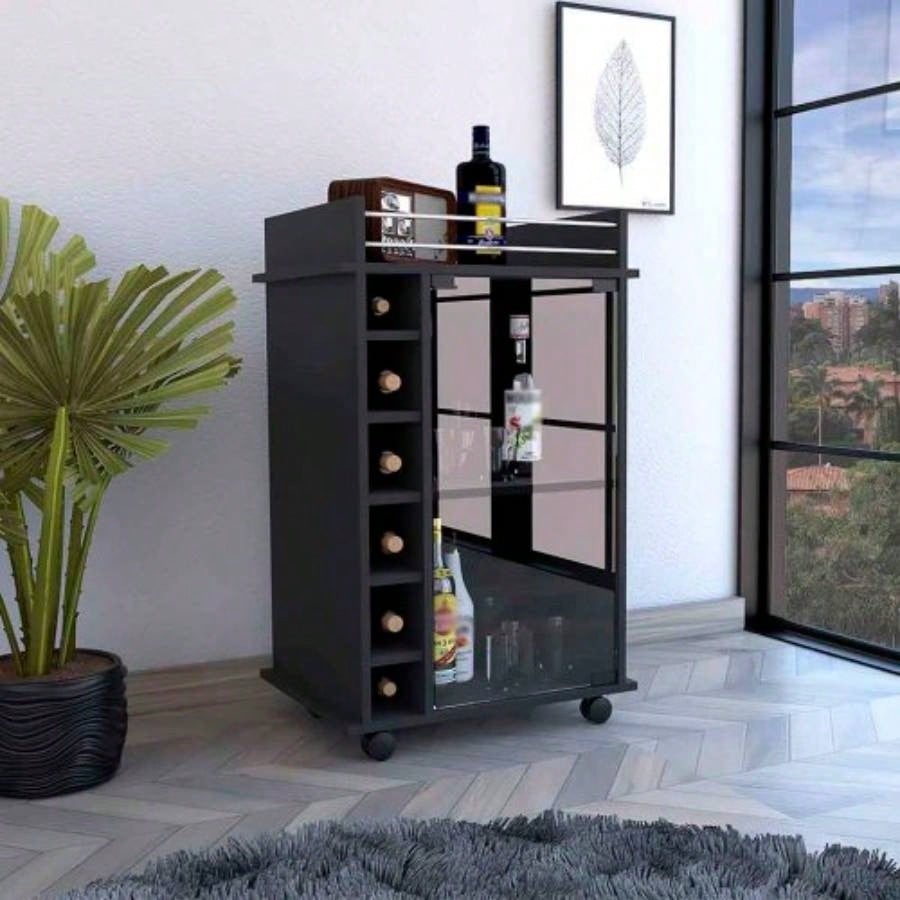 Bar Cart Baltimore, Two Tier Cabinet With Glass Door, Six Wine Cubbies, Black Wengue