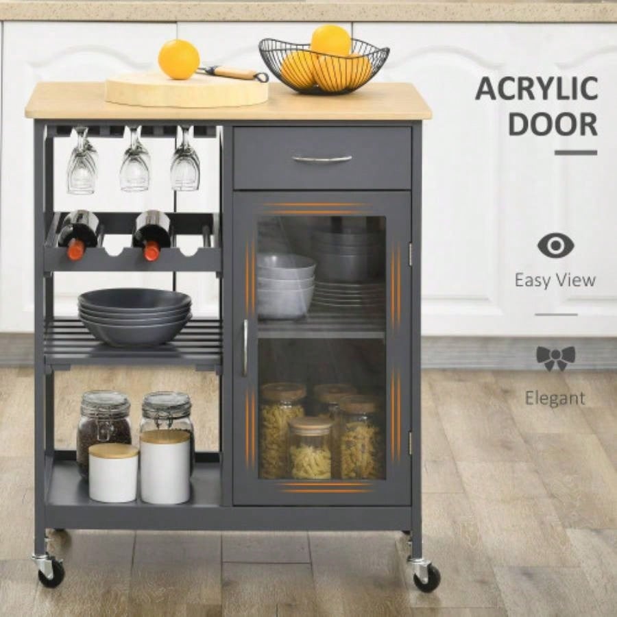HOMCOM Rolling Kitchen Island with Storage, Kitchen Cart with 4 - bottle Wine Rack, Bar Cart with Stemware Holder, Shelves, Drawer and Cabinet, Gray
