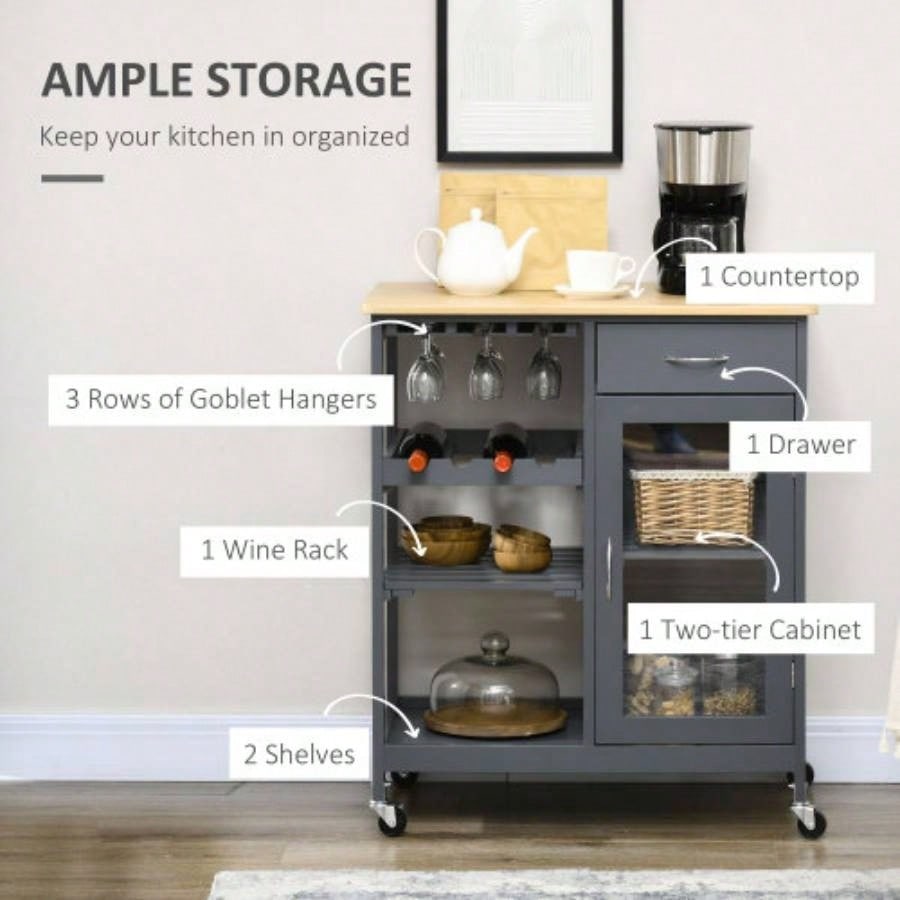 HOMCOM Rolling Kitchen Island with Storage, Kitchen Cart with 4 - bottle Wine Rack, Bar Cart with Stemware Holder, Shelves, Drawer and Cabinet, Gray