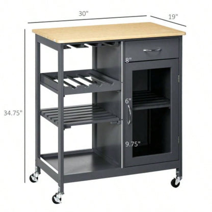 HOMCOM Rolling Kitchen Island with Storage, Kitchen Cart with 4 - bottle Wine Rack, Bar Cart with Stemware Holder, Shelves, Drawer and Cabinet, Gray