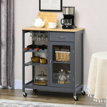 HOMCOM Rolling Kitchen Island with Storage, Kitchen Cart with 4 - bottle Wine Rack, Bar Cart with Stemware Holder, Shelves, Drawer and Cabinet, Gray