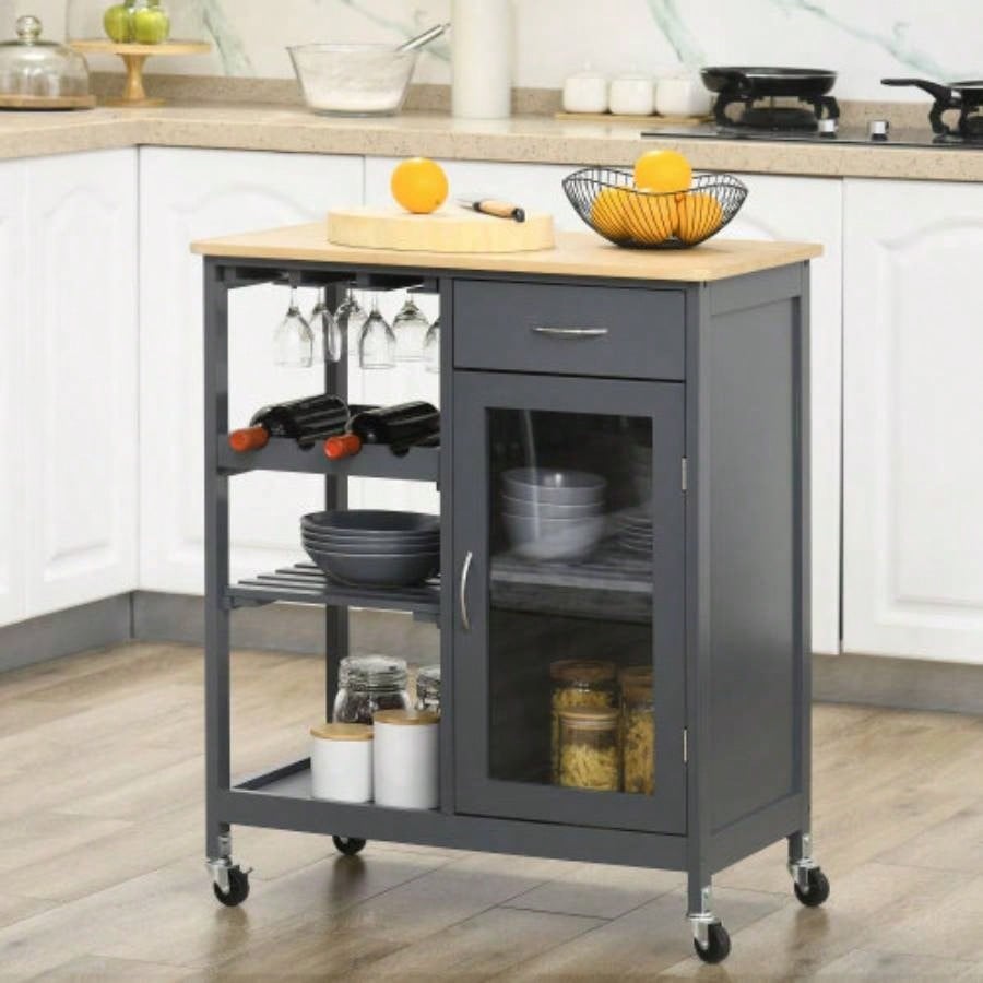HOMCOM Rolling Kitchen Island with Storage, Kitchen Cart with 4 - bottle Wine Rack, Bar Cart with Stemware Holder, Shelves, Drawer and Cabinet, Gray