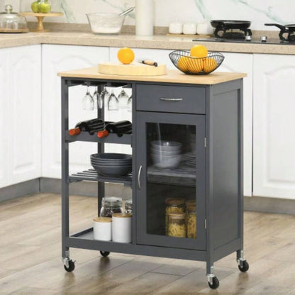 HOMCOM Rolling Kitchen Island with Storage, Kitchen Cart with 4 - bottle Wine Rack, Bar Cart with Stemware Holder, Shelves, Drawer and Cabinet, Gray