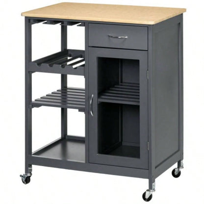 HOMCOM Rolling Kitchen Island with Storage, Kitchen Cart with 4 - bottle Wine Rack, Bar Cart with Stemware Holder, Shelves, Drawer and Cabinet, Gray