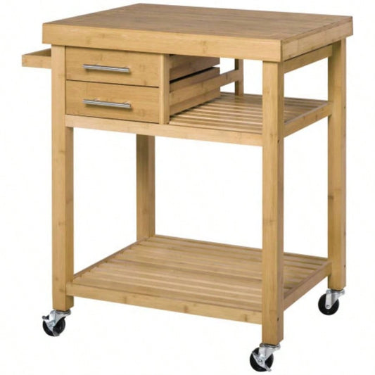 HOMCOM Kitchen Island Cart on Wheels, Utility Trolley Cart with 2 Storage Drawers and Open Shelves, Tone