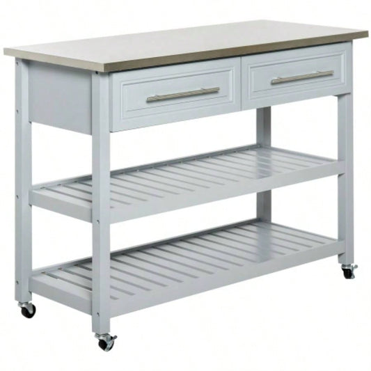 HOMCOM Kitchen Island with Stainless Steel Top, Traditional Kitchen Island with Storage, 2 - Tier Open Shelves, Drawers, Light Gray