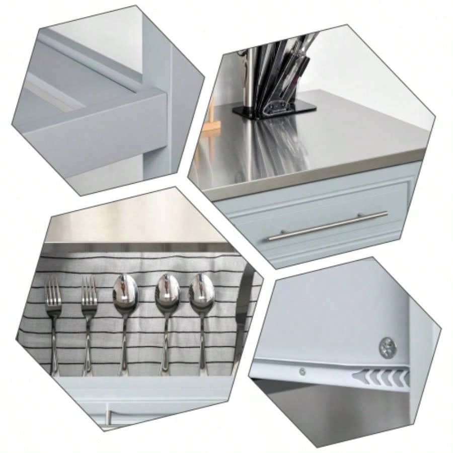 HOMCOM Kitchen Island with Stainless Steel Top, Traditional Kitchen Island with Storage, 2 - Tier Open Shelves, Drawers, Light Gray