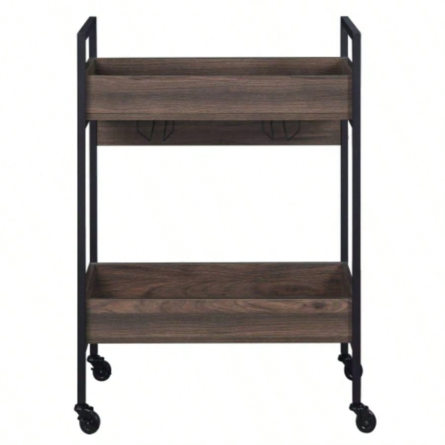 Walnut and Black Serving Cart with 2 Shelves