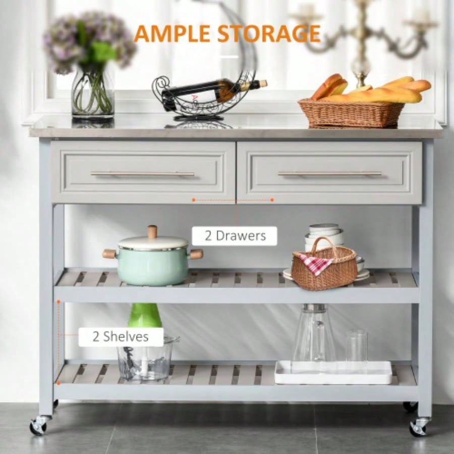 HOMCOM Kitchen Island with Stainless Steel Top, Traditional Kitchen Island with Storage, 2 - Tier Open Shelves, Drawers, Light Gray