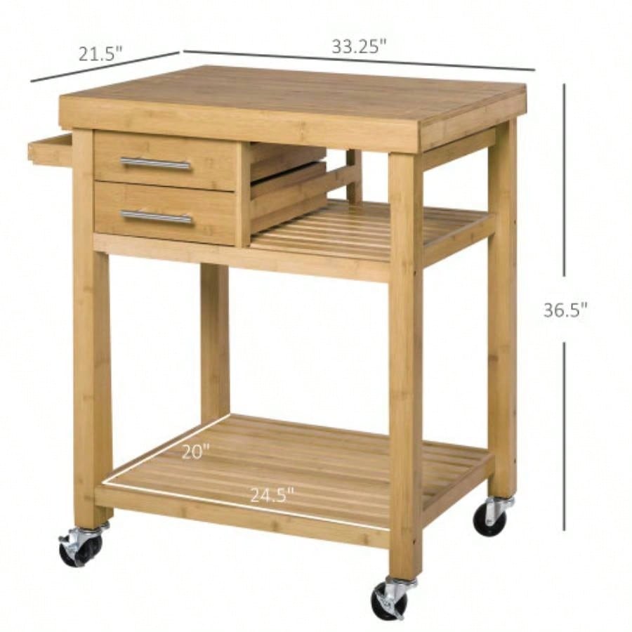 HOMCOM Kitchen Island Cart on Wheels, Utility Trolley Cart with 2 Storage Drawers and Open Shelves, Tone