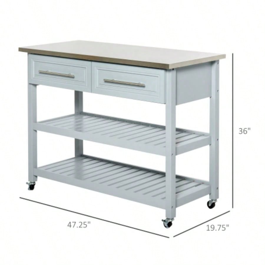 HOMCOM Kitchen Island with Stainless Steel Top, Traditional Kitchen Island with Storage, 2 - Tier Open Shelves, Drawers, Light Gray